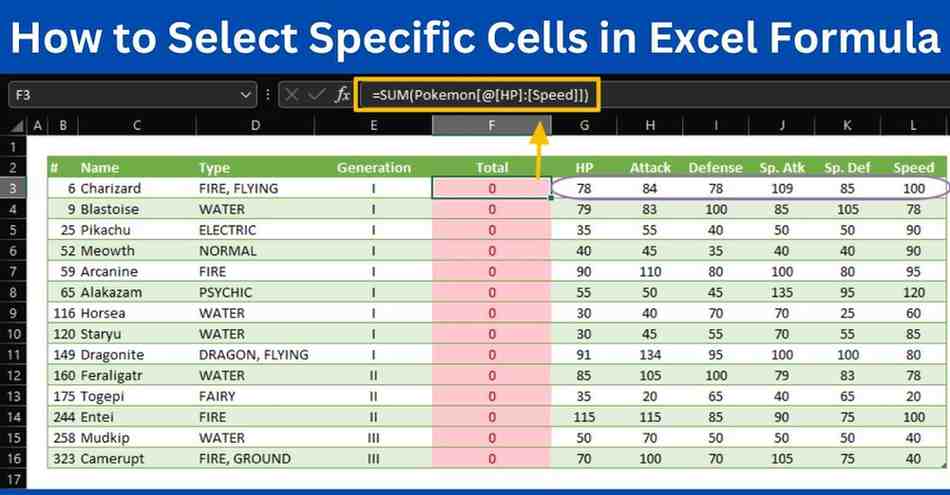 how to select specific cells in excel formula